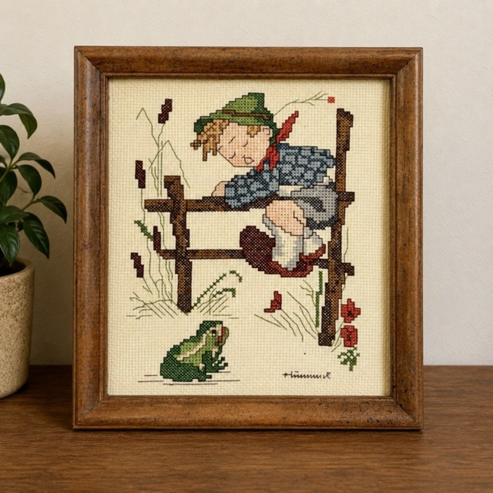 Vintage 1984 Framed Boy & Frog Cross Stitch Signed Folk Art Wood Frame